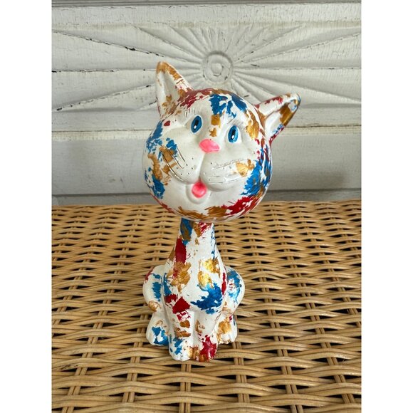 Vintage MCM Ceramic Nodder Bobber Head Cat Kitty Spatter Painted - Picture 1 of 10